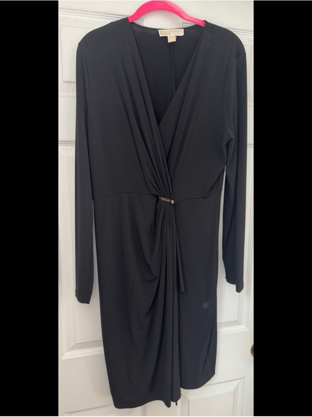 Black Faux-Wrap Long Sleeve Dress